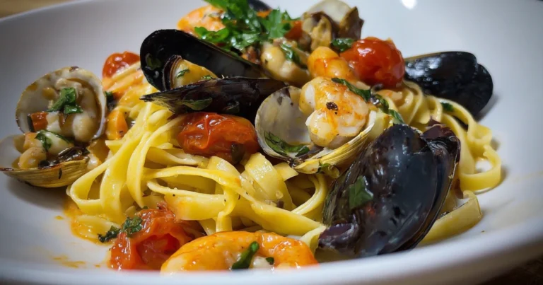 Fettucce con Pomodorini, Gamberoni, Cozze e Vongole