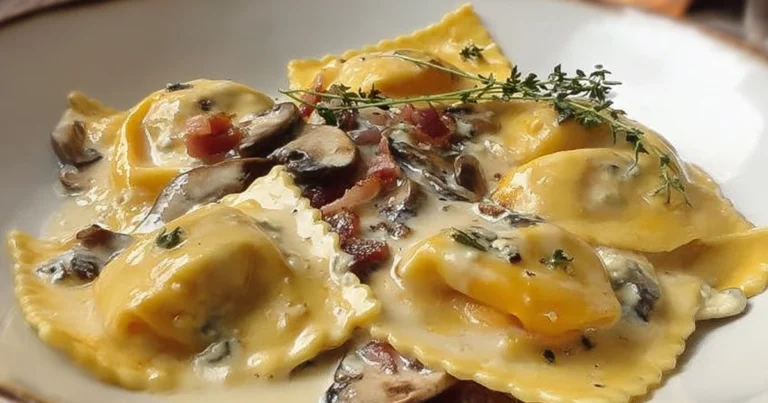 Ravioli di Zucca con Salsa al Gorgonzola, Funghi e Pancetta