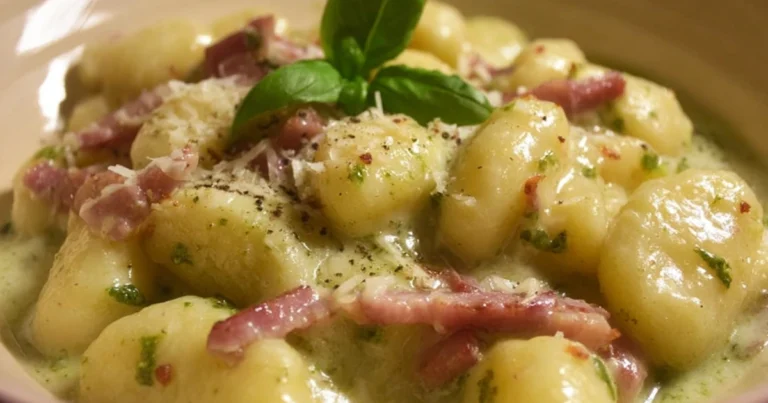 Gnocchi di patate con crema di speck, robiola e pesto