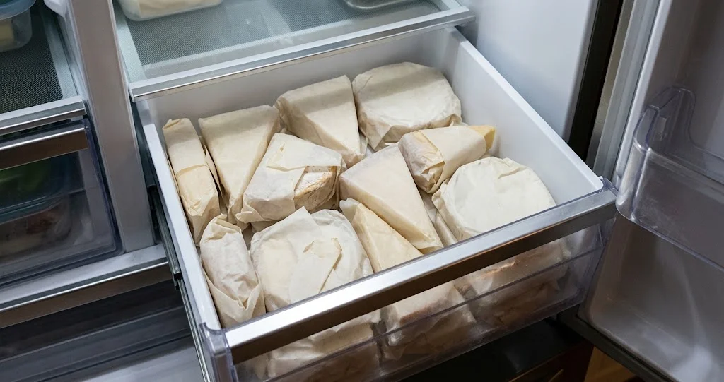 diversi tipi di formaggio correttamente conservati in frigorifero, con formaggio stagionato avvolto in carta, mozzarella nel proprio contenitore e formaggio erborinato separato. Alt text: conservare il formaggio correttamente in frigorifero]