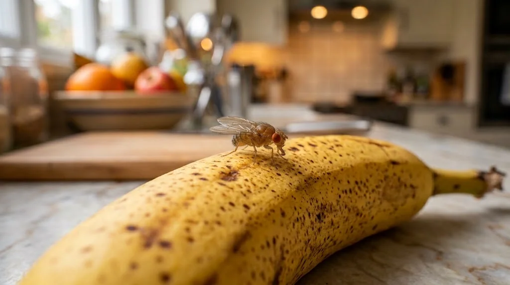 cucina pulita con ciotola di frutta, piccolo barattolo-trappola con aceto di mele vicino alla zona interessata e moscerini della frutta rappresentati realisticamente. Alt text: eliminare i moscerini della frutta in casa con trappola e pulizia]