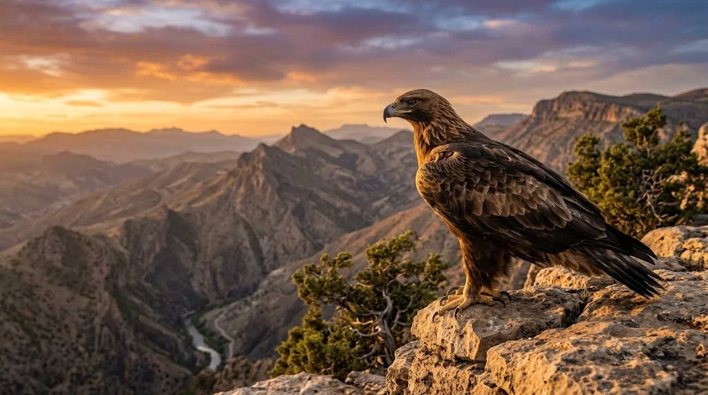 aquila reale adulta in volo sopra una valle alpina, ali completamente distese, pareti rocciose e praterie d’alta quota sullo sfondo. 