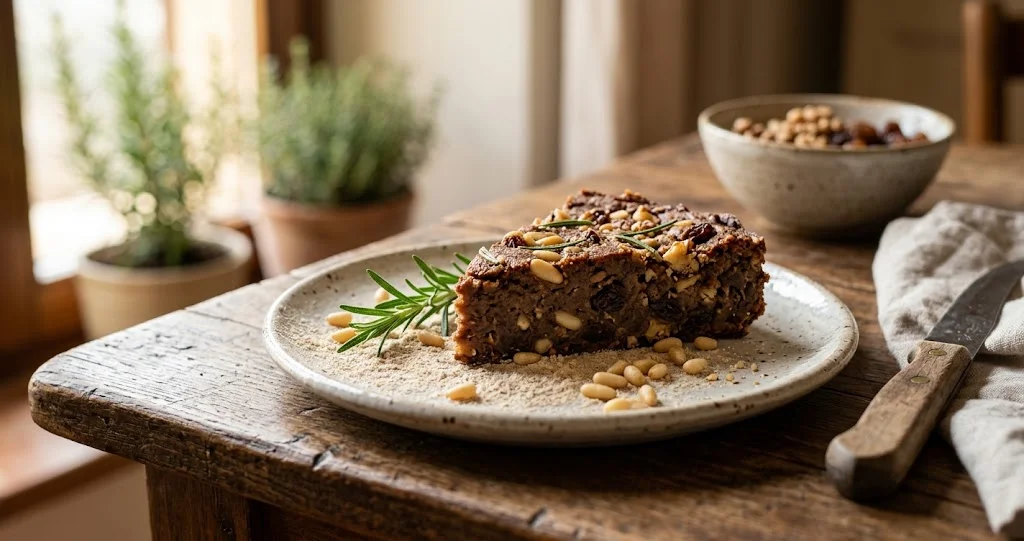 castagnaccio toscano appena sfornato in una teglia rotonda rustica, superficie screpolata con pinoli, uvetta e aghi di rosmarino, bottiglietta di olio extravergine e castagne sul tavolo]
