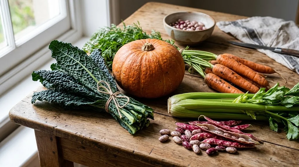 Ciotola rustica di minestrone autunnale con zucca, borlotti, cavolo nero e patate, servita con pane]