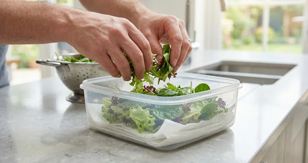 Foglie di lattuga fresche e asciutte sistemate in un contenitore con carta da cucina, accanto a una centrifuga per insalata]