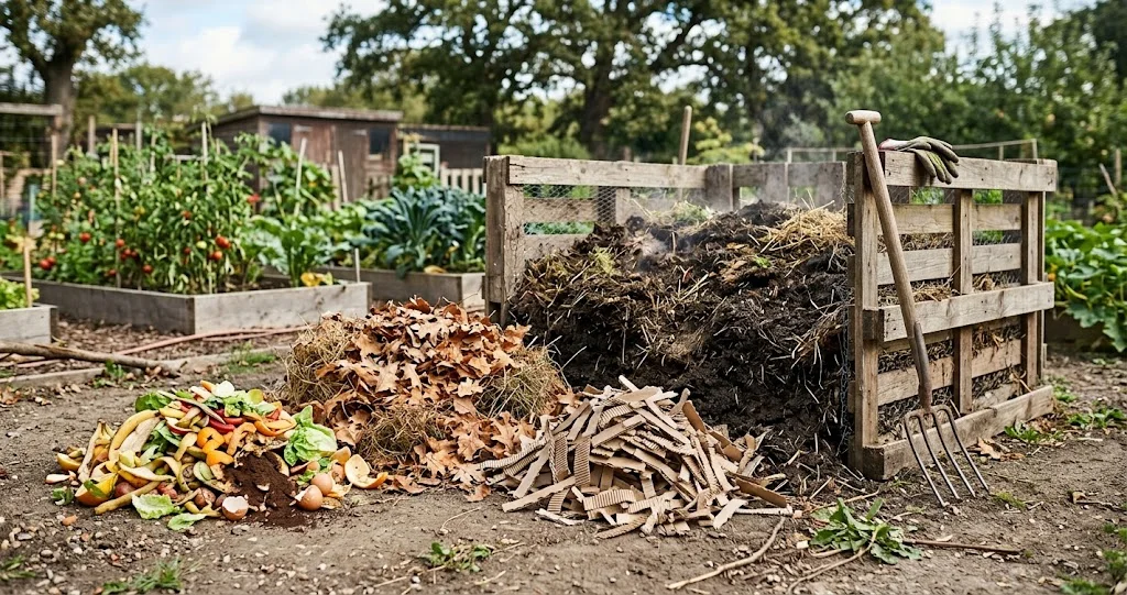 compostiera domestica aperta in un giardino, con strati visibili di foglie secche, cartone sminuzzato, scarti vegetali e sfalcio, accanto compost maturo scuro e friabile]