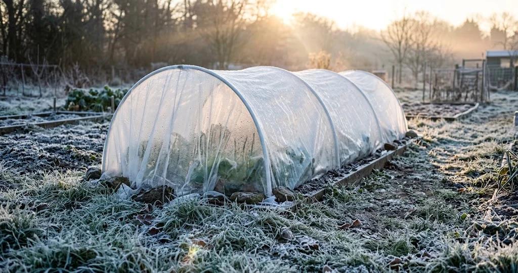 fotografia realistica di un orto italiano in una fredda mattina autunnale, con file di cavoli, spinaci e insalate, un piccolo tunnel ad archetti ricoperto di tessuto non tessuto bianco, alcune cloche trasparenti e una leggera brina sul terreno. Luce naturale, atmosfera rurale autentica.]