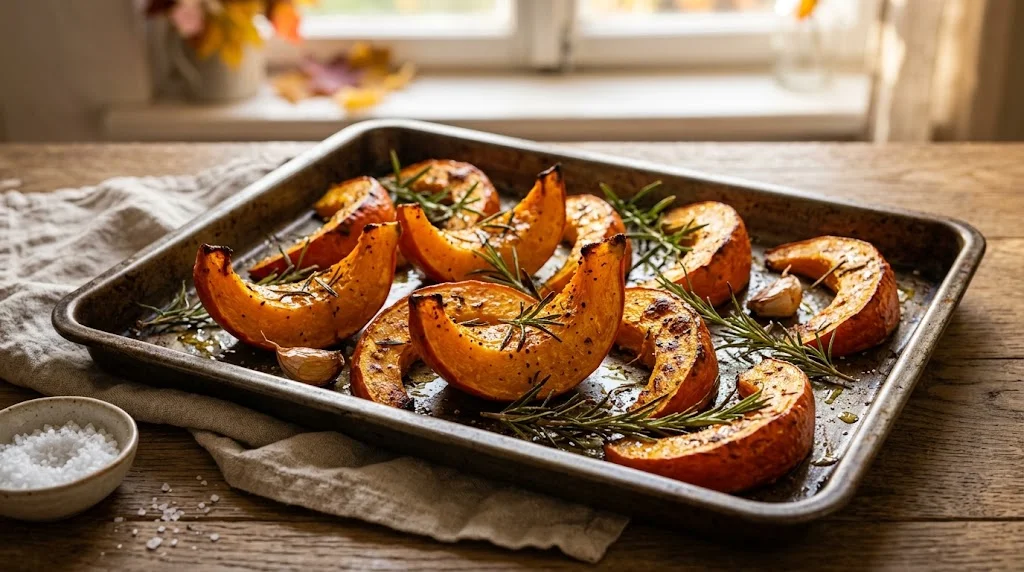 fotografia realistica di una zucca tagliata a metà su un tagliere stabile, con coltello da cucina, cucchiaio e spicchi ordinati accanto.]