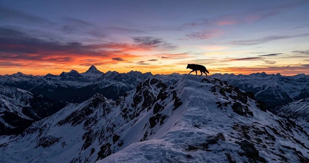  lupo appenninico adulto che attraversa un paesaggio montano italiano all’alba, con bosco misto e crinale appenninico sullo sfondo]