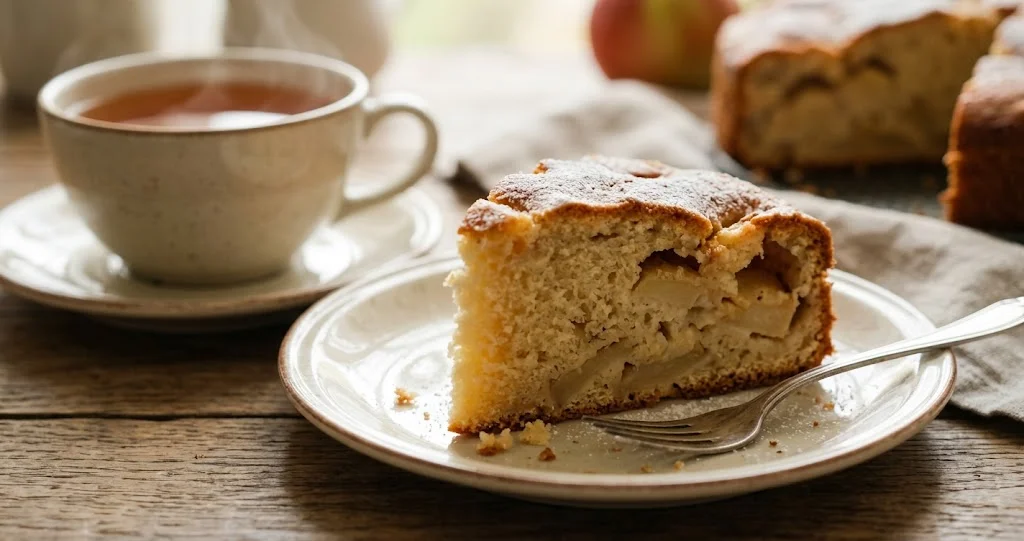 Torta di mele alta appena sfornata, con fettine di mela dorate sulla superficie e una fetta tagliata che mostra l'interno morbido]
