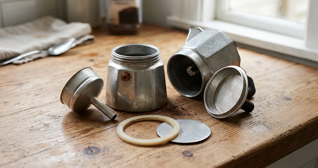 Moka italiana smontata su un piano da cucina pulito, con caldaia, imbuto, filtro, guarnizione e raccoglitore disposti ordinatamente, accanto a panno morbido e acqua]