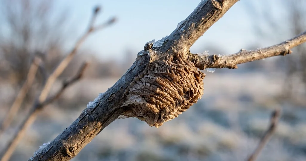  mantide religiosa europea adulta su erbe alte di un giardino naturalistico, con accanto su un ramo una vera ooteca beige-marrone ben visibile]