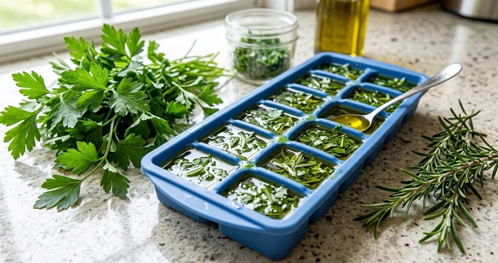 Basilico in un bicchiere d'acqua sul piano della cucina, prezzemolo e menta conservati in frigorifero e rametti di rosmarino accanto]