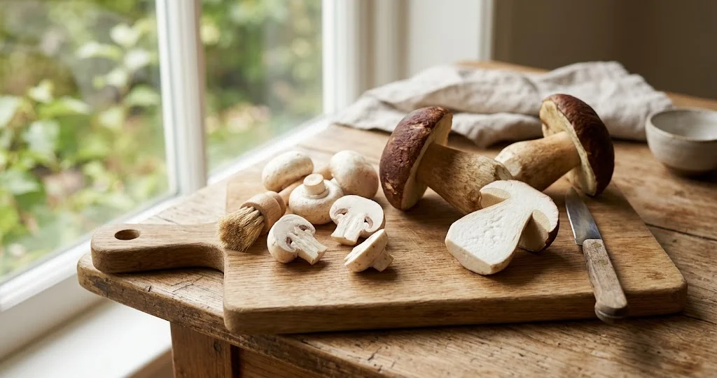 ampia padella pesante con funghi champignon e pleurotus ben distribuiti in un solo strato, leggermente dorati, senza liquido accumulato sul fondo, aglio e prezzemolo a lato]