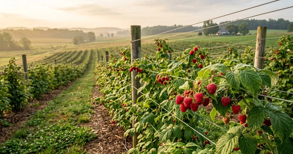 due piante di lampone affiancate in autunno, a sinistra varietà unifera con vecchie canne marroni da eliminare e giovani canne verdi da conservare, a destra varietà rifiorente con indicazione del taglio vicino al terreno]