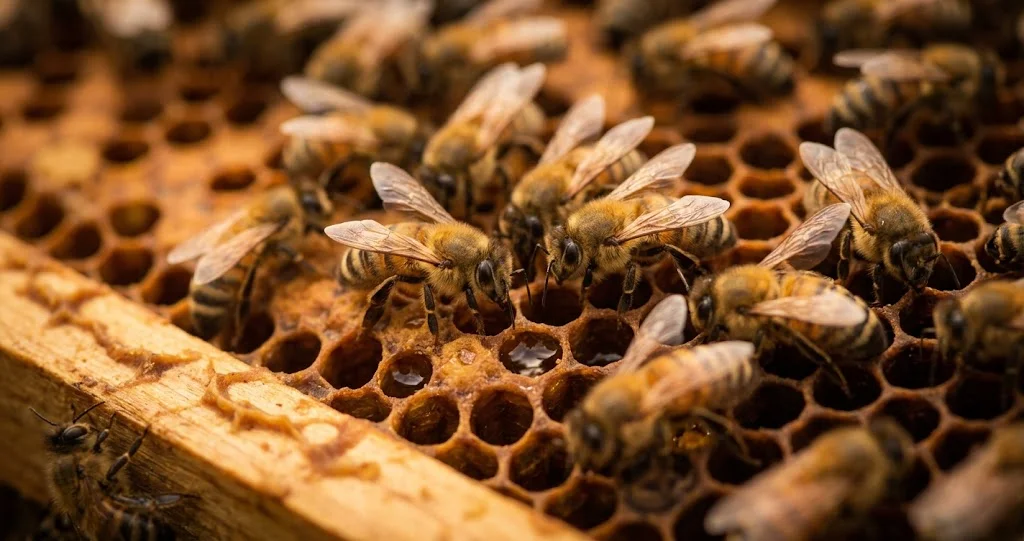 Foto naturalistica di api mellifere raccolte sui favi all'interno dell'alveare.]