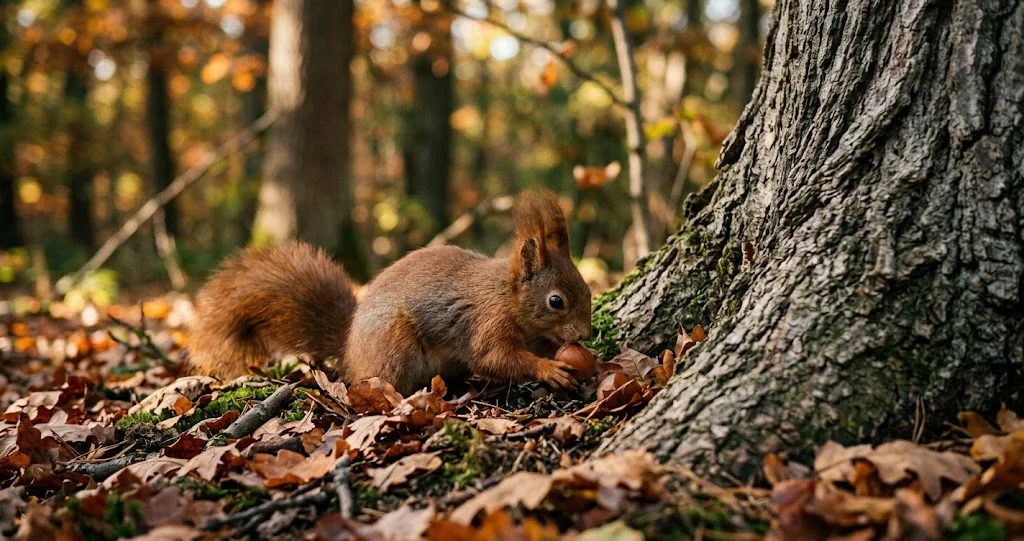  scoiattolo rosso eurasiatico in un bosco italiano autunnale mentre nasconde una nocciola sotto foglie e muschio, luce naturale calda, coda folta ben visibile]
