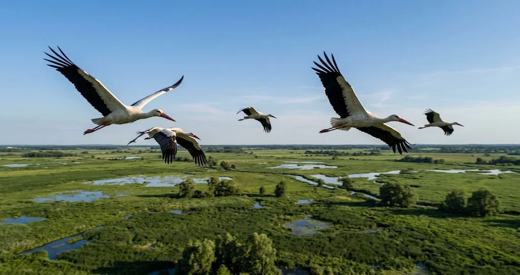 fotografia naturalistica realistica di una coppia di cicogne bianche adulte su un grande nido di rami costruito sopra una piattaforma rialzata, in una campagna italiana con prati e campi coltivati. Piumaggio bianco con remiganti nere, becchi e zampe rossi, luce primaverile naturale.]