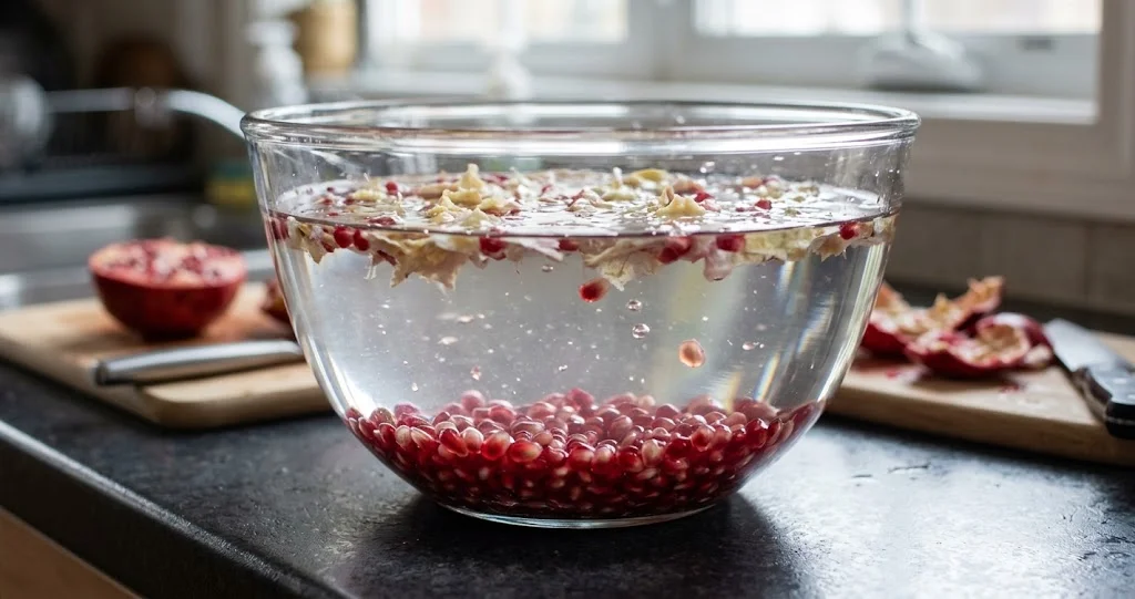 fotografia gastronomica realistica di un melograno maturo aperto in sezioni accanto a una grande ciotola di vetro piena d'acqua. Alcuni arilli rossi sono depositati sul fondo, mentre piccoli frammenti di membrana bianca galleggiano in superficie. Piano cucina chiaro, coltello appoggiato in sicurezza, luce naturale, nessun marchio.]