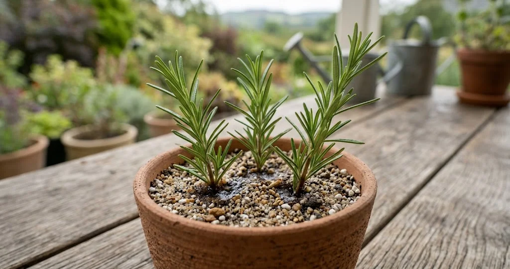 Mani che preparano una talea da un cespuglio sano di rosmarino, con vaso e substrato drenante accanto]