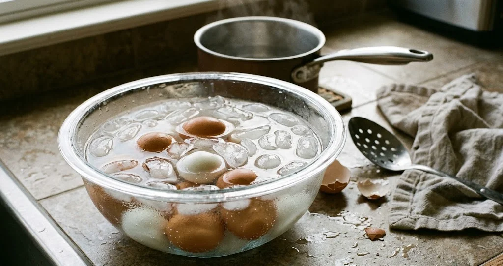 fotografia gastronomica realistica di tre uova sode tagliate a metà su un piatto in ceramica chiara, con tuorli gialli uniformi e albume compatto, accanto a un piccolo timer da cucina e a una ciotola di acqua e ghiaccio.]

