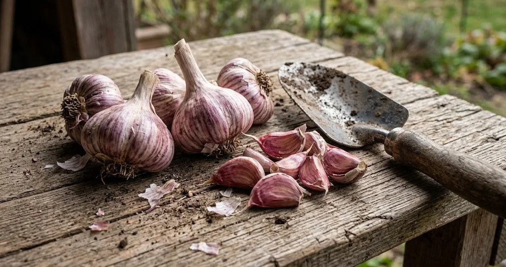 filari di aglio appena piantati in un orto autunnale, con alcuni spicchi e una testa d’aglio in primo piano. Alt text: piantare l'aglio in autunno nell'orto]