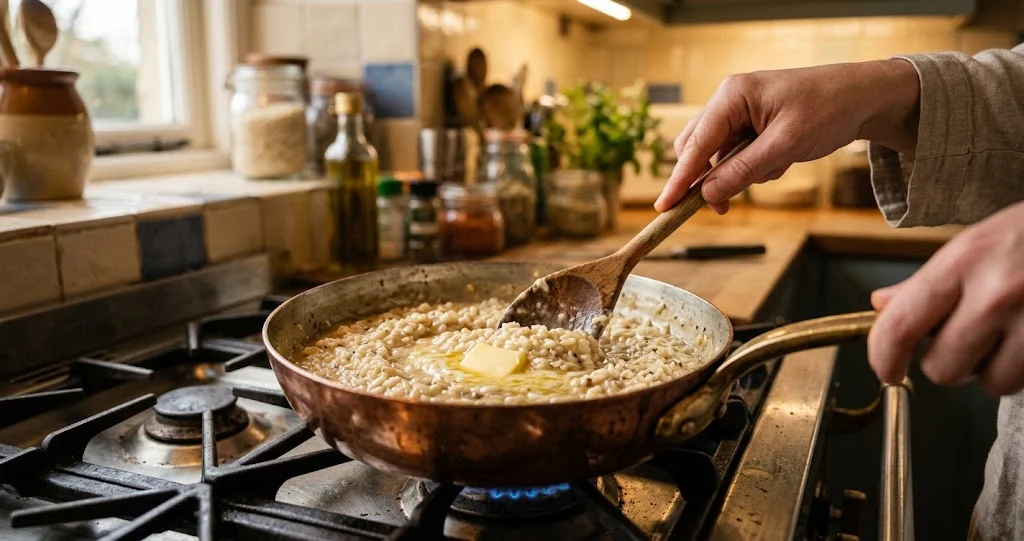 risotto alla parmigiana appena mantecato in una casseruola larga, cremoso e lucido, mosso delicatamente per mostrare la consistenza all'onda]