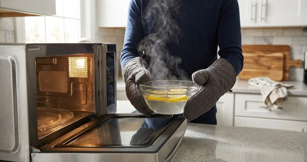 pulire il microonde con il limone usando il metodo a vapore]