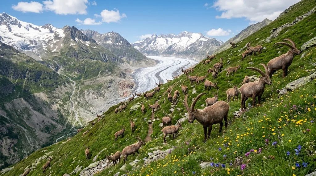 fotografia naturalistica di un maschio adulto di stambecco delle Alpi su una cresta rocciosa, con grandi corna arcuate e montagne alpine sullo sfondo, illuminazione naturale del mattino.]