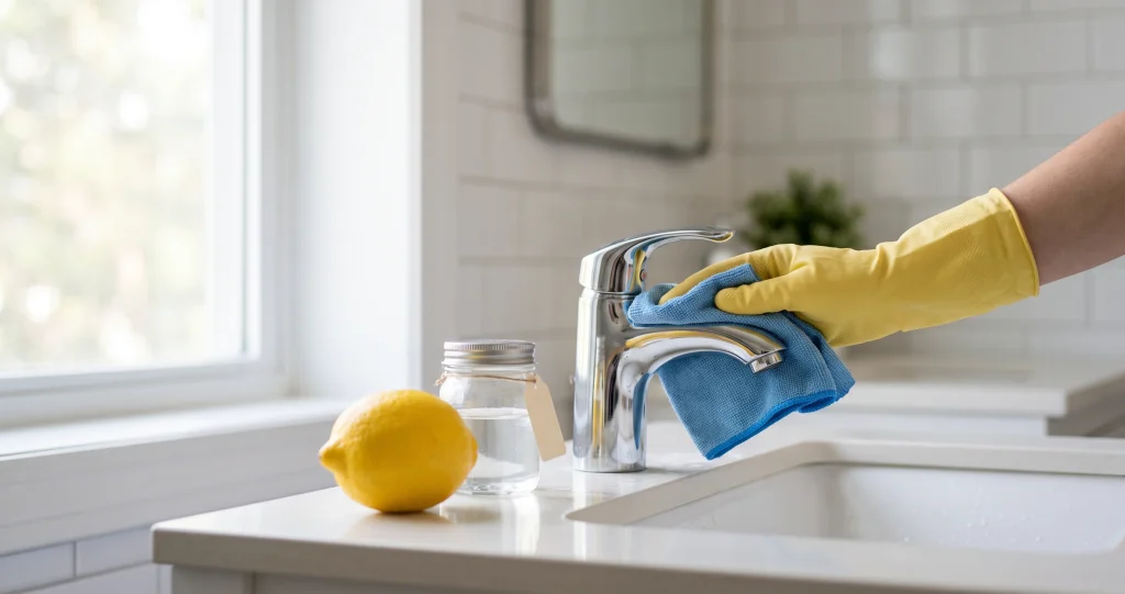 rubinetto cromato con deposito di calcare su un lato e superficie pulita sull’altro, accanto a panno morbido e soluzione di acido citrico]