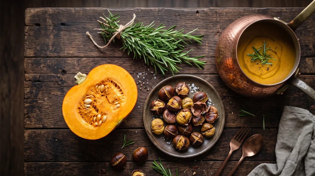 ciotola di crema di zucca e castagne dalla consistenza vellutata, guarnita con castagne sbriciolate, rosmarino e un filo di olio extravergine d'oliva]