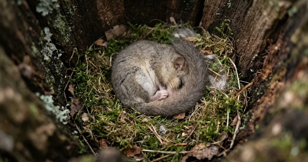  fotografia naturalistica realistica di un ghiro europeo adulto su un ramo di faggio, con pelliccia grigio argentata, ventre chiaro, grandi occhi scuri e coda folta. Sullo sfondo, foglie autunnali e faggiole, luce naturale morbida del bosco.]