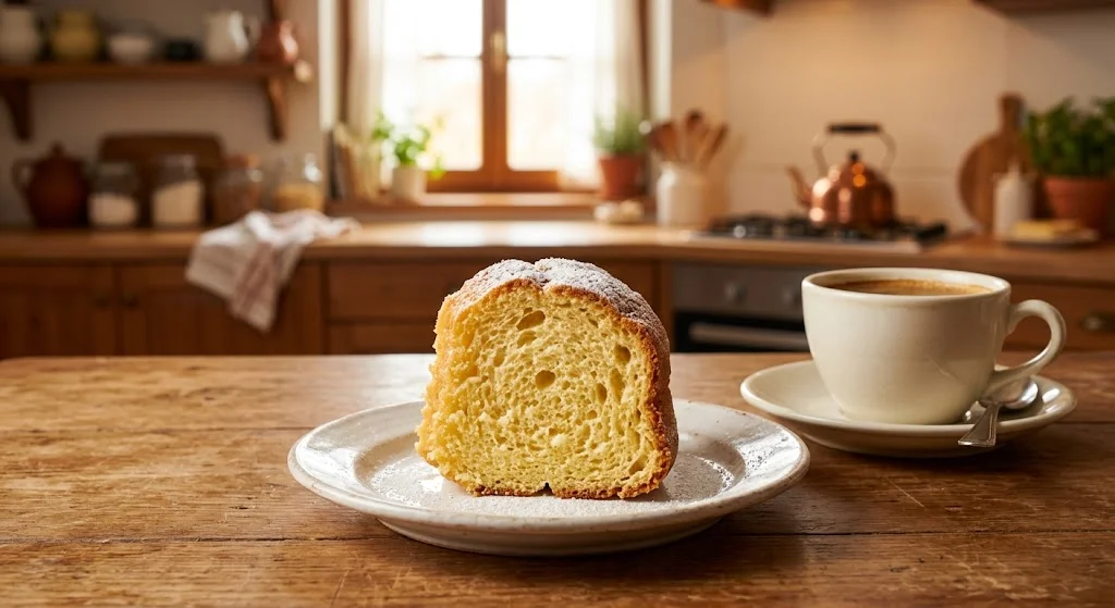 sequenza culinaria in quattro passaggi con uova e zucchero montati, farina setacciata, impasto nello stampo da 24 cm e ciambellone finale alto e dorato]
