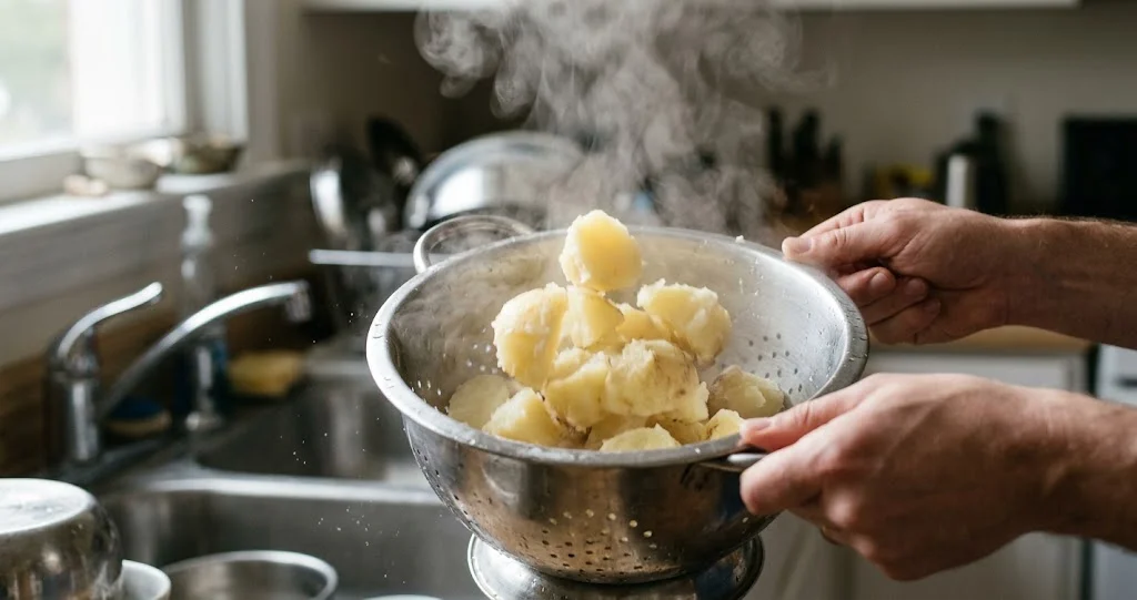 Teglia di patate al forno intensamente dorate, bordi croccanti e irregolari, interno morbido visibile in una patata tagliata, rosmarino fresco]