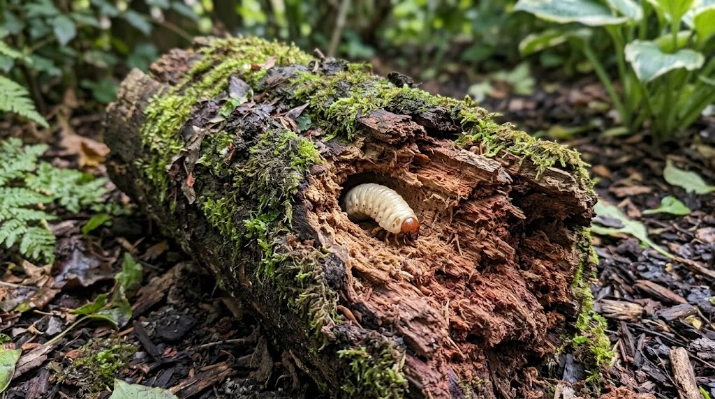 maschio adulto di Lucanus cervus su un vecchio tronco di quercia, con mandibole ben visibili e ambiente boschivo naturale sullo sfondo. Alt text: cervo volante Lucanus cervus su legno morto]