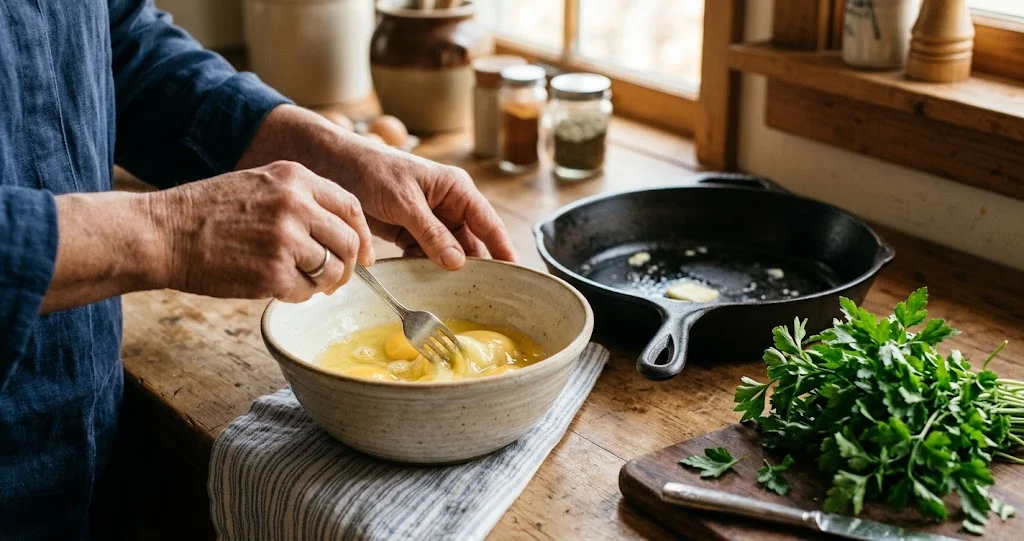 frittata morbida cotta in padella con interno soffice e doratura leggera]
