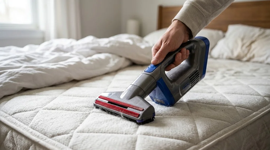  fotografia realistica di una camera luminosa con letto senza lenzuola, materasso chiaro e aspirapolvere con bocchetta per imbottiti. Sul comodino, un panno pulito e una piccola ciotola di bicarbonato.]