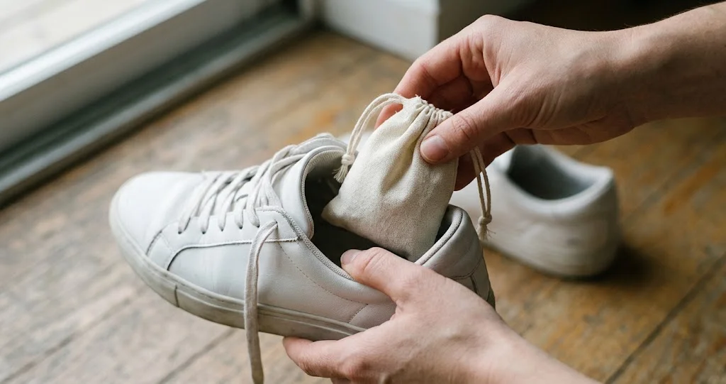 fotografia realistica di un paio di sneakers bianche pulite appoggiate su una panca di legno chiaro, con lacci e solette rimossi, un panno in microfibra, una piccola ciotola di bicarbonato e due sacchettini di cotone. Ambiente domestico luminoso, stile naturale, senza marchi o scritte.]