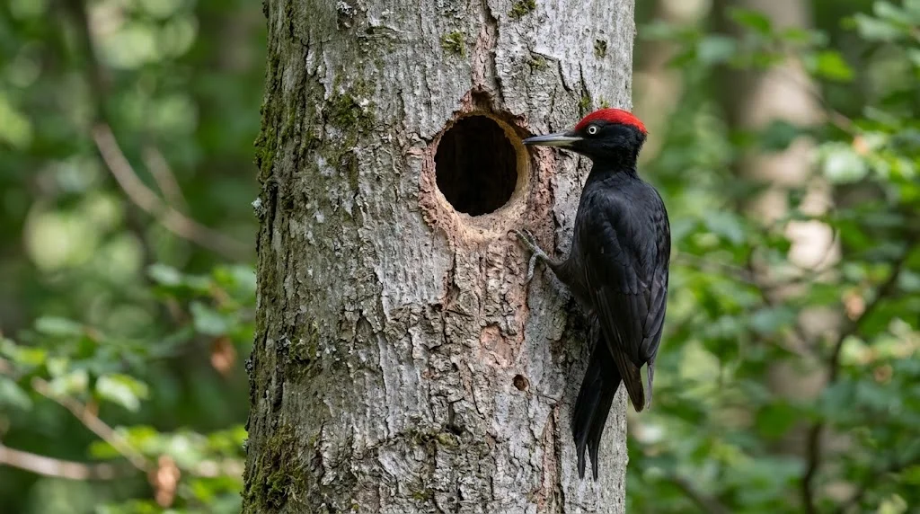 picchio rosso maggiore sul tronco di un albero ripreso lateralmente nel momento del colpo, testa e becco allineati con il corpo, piccolo inserto anatomico del cranio senza rappresentarlo come un casco ammortizzatore]