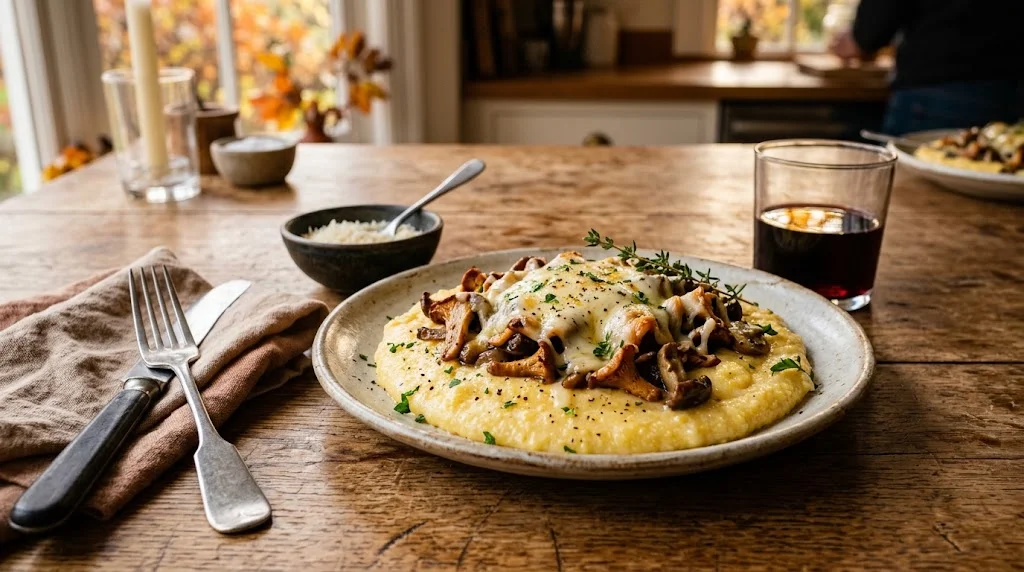 polenta cremosa appena preparata servita calda in una ciotola rustica, consistenza morbida e vellutata, cucchiaio di legno e Parmigiano grattugiato accanto. Alt text: polenta cremosa senza grumi ricetta tradizionale]