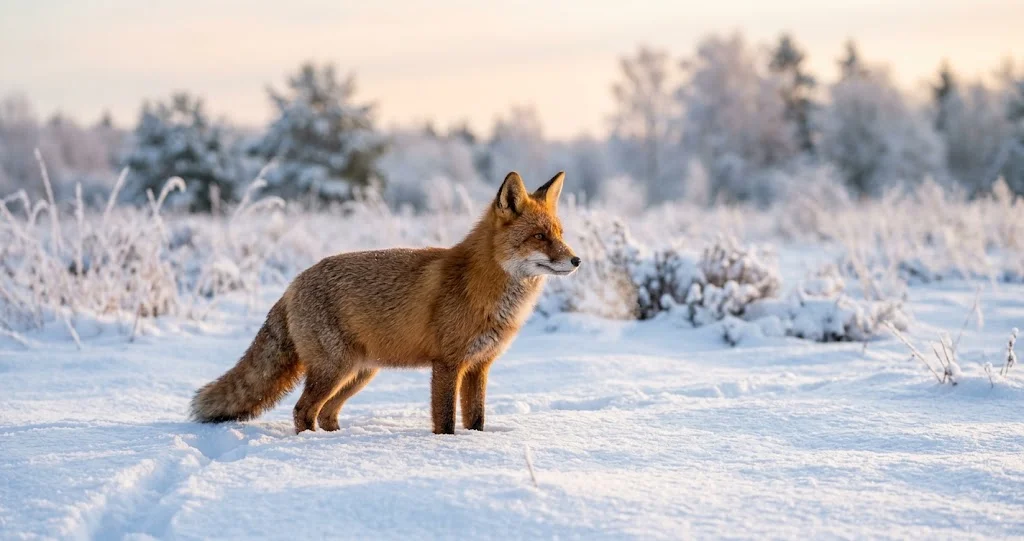 Volpe rossa durante un balzo verticale nella neve]