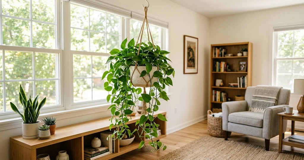 talea di pothos appena tagliata tenuta sopra un vasetto trasparente con acqua, nodo del fusto chiaramente visibile e piccole radici aeree marroni, pianta madre sullo sfondo]