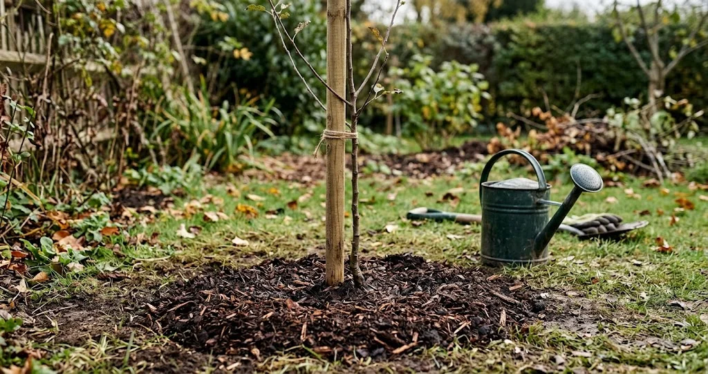 fotografia realistica di un giovane melo a radice nuda tenuto accanto a una buca ampia in un giardino autunnale, con radici ben visibili, pala e annaffiatoio, luce naturale morbida.]