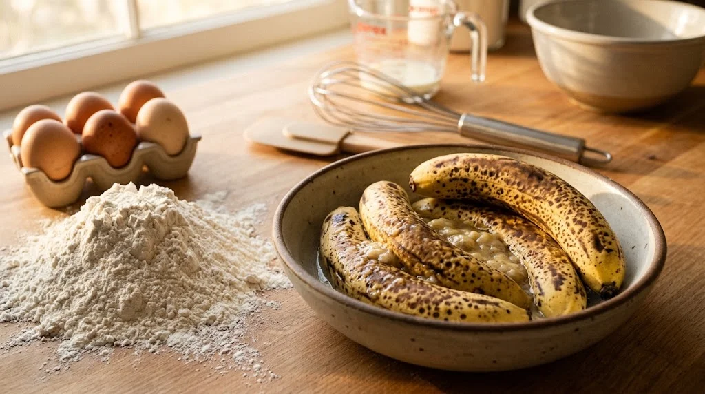 banane in diversi stadi di maturazione, da verdi a gialle fino a molto mature e macchiate, disposte ordinatamente su un piano cucina.