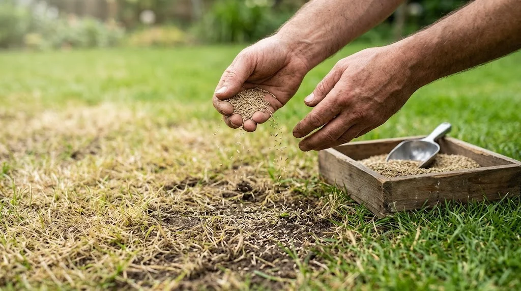 prato domestico italiano in autunno durante la manutenzione, con rastrello, arieggiatore manuale, sementi e foglie raccolte ai margini. 