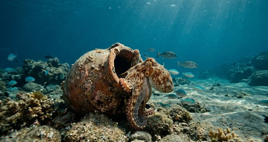 polpo comune nel suo ambiente roccioso mediterraneo mentre esplora con le braccia una conchiglia, mostrando ventose, occhi e capacità di mimetizzazione]