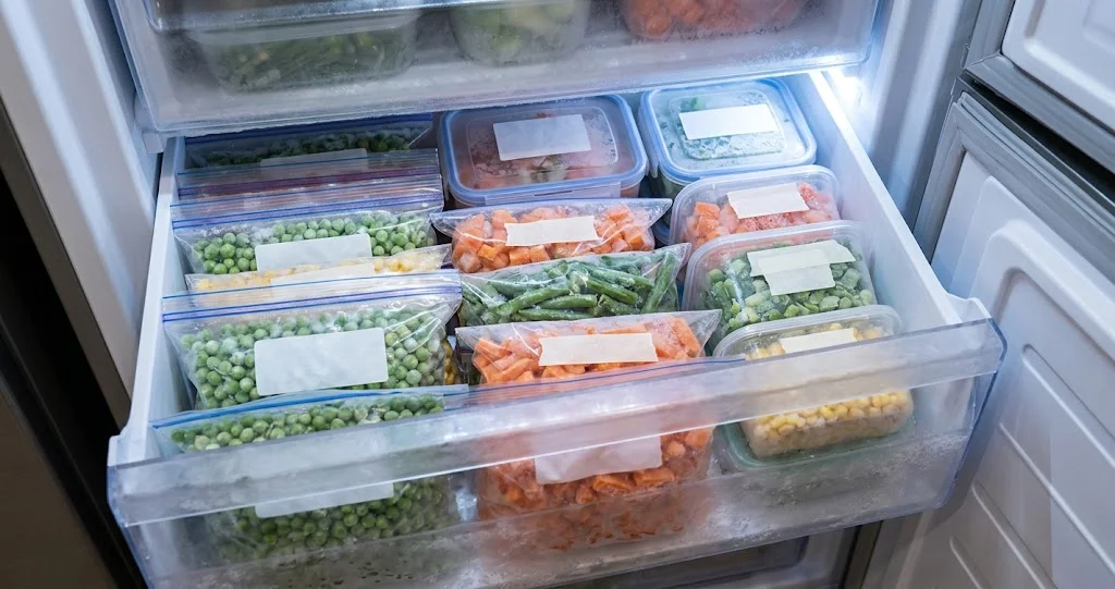 fotografia realistica di un piano cucina luminoso con broccoli, carote, fagiolini e piselli freschi, una ciotola di acqua e ghiaccio, un vassoio con verdure ben distanziate e sacchetti trasparenti per congelatore con etichette e date. Composizione ordinata, colori naturali, senza marchi.]