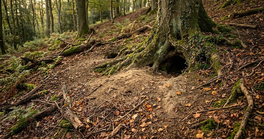 tasso europeo Meles meles vicino all’ingresso della tana nel bosco]
