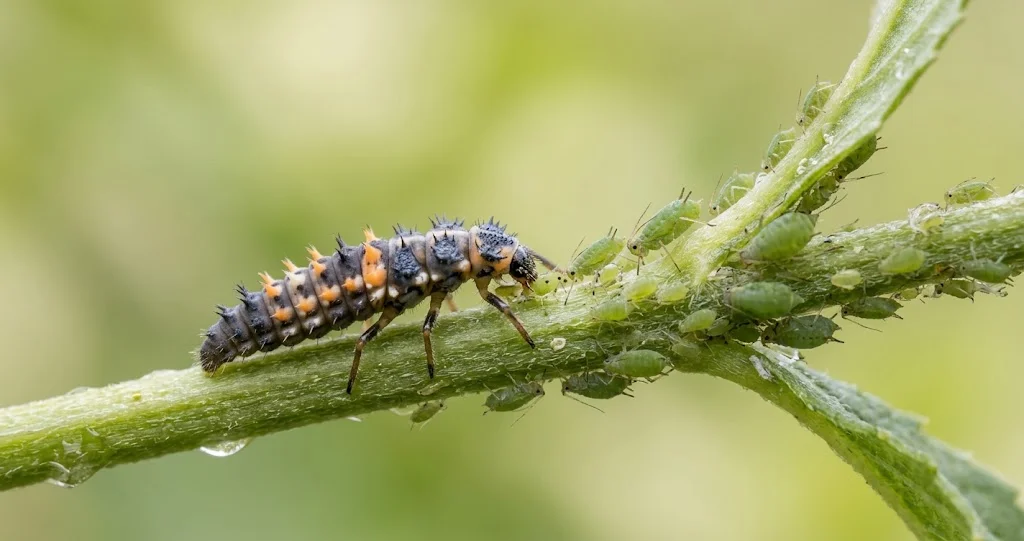 macro naturalistica di una larva di coccinella scura con marcature arancioni mentre si avvicina a una colonia di afidi su un giovane germoglio]