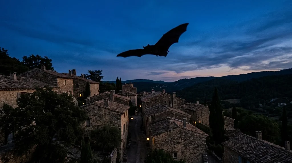 illustrazione naturalistica di tre diversi pipistrelli europei in volo, con piccole icone che indicano vista, ecolocalizzazione e cattura di insetti, senza elementi horror]